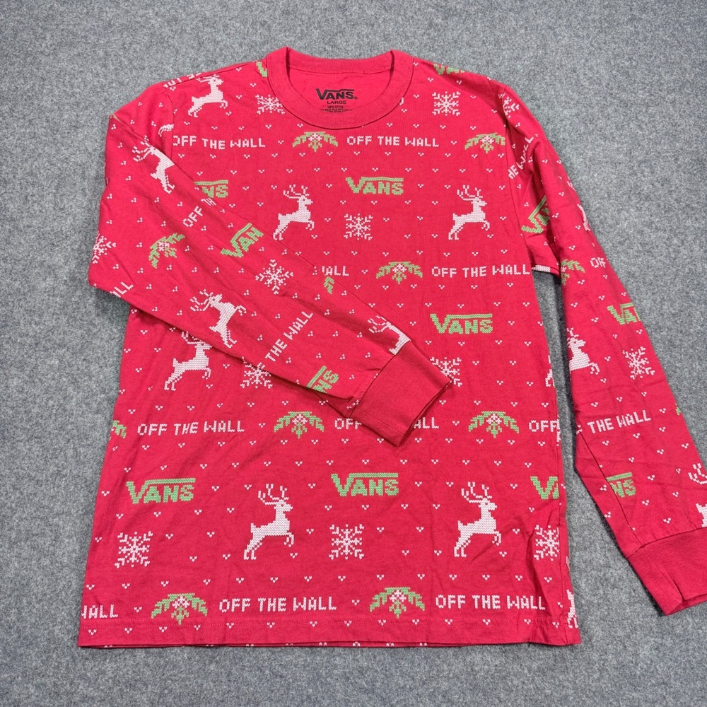 Vans Off The Wall Mens Large Red Holiday Reindeer Snowflake Long Sleeve T-Shirt